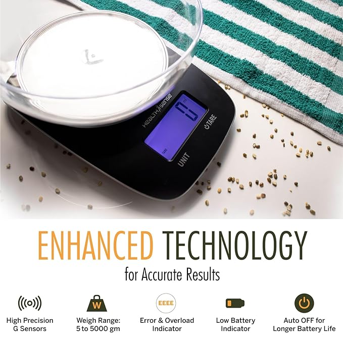 HealthSense Chef-Mate KS 33 Digital Kitchen Weighing Scale, 1 Year Warranty & Batteries Included