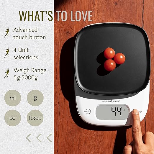 HealthSense Weight Machine for Kitchen, Touch Button, Tare Function & 1 Year Warranty – Chef-Mate KS 63