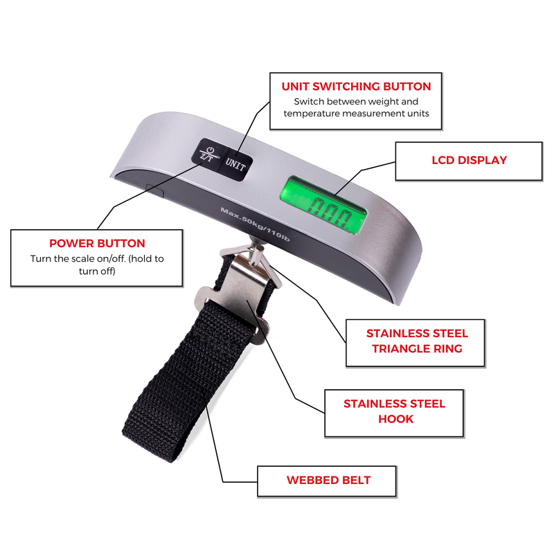Digital Hanging Postal Luggage Scale, Rubber Paint Technology, Temperature Sensor, 110lb/50kg, Silver/Black, 1Pack